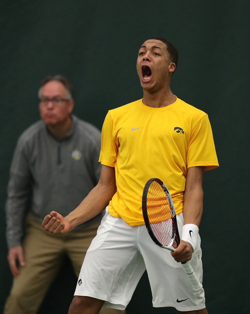 Oliver Okonkwo against Utah Sunday, February 10, 2019 at the Hawkeye Tennis and Recreation Complex. (Brian Ray/hawkeyesports.com)