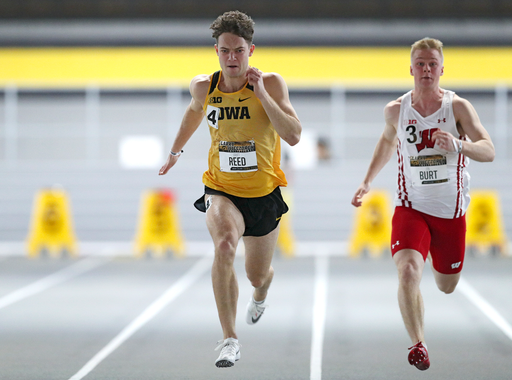 Iowa’s Gratt Reed runs the men’s 60 meter dash premier preliminary event during the Larry Wieczorek Invitational at the Recreation Building in Iowa City on Saturday, January 18, 2020. (Stephen Mally/hawkeyesports.com)