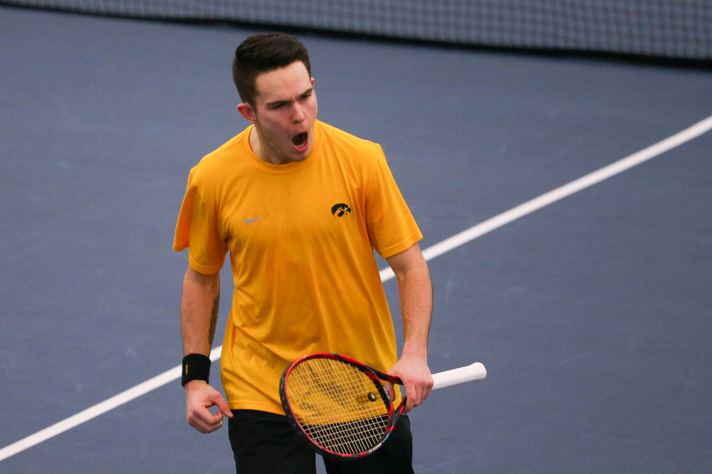 Iowa's Jonas Larsen at a tennis match vs Drake Friday, March 8, 2019 at the Hawkeye Tennis and Recreation Complex. (Lily Smith/hawkeyesports.com)