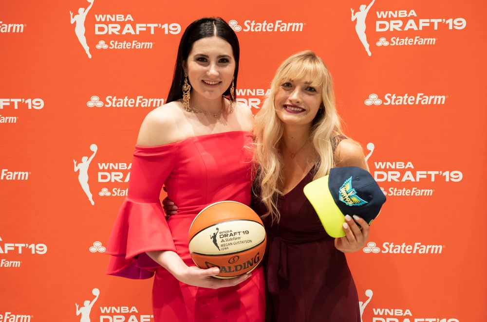 Iowa Hawkeyes forward Megan Gustafson (10) with her sister after being selected by the Dallas Wings in the second round of the 2019 WNBA Draft Wednesday, April 10, 2019 at Nike New York Headquarters in New York City. (Brian Ray/hawkeyesports.com)