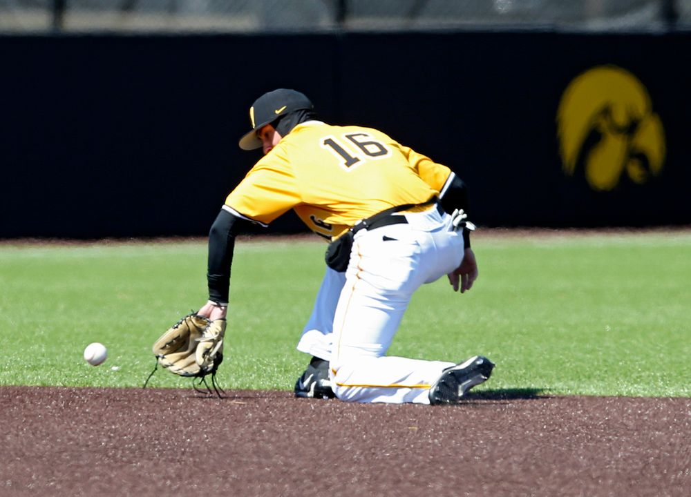 Iowa Hawkeyes shortstop Tanner Wetrich (16) fields a ground ball before throwing to first for an out during the second inning against Illinois at Duane Banks Field in Iowa City on Sunday, Mar. 31, 2019. (Stephen Mally/hawkeyesports.com)