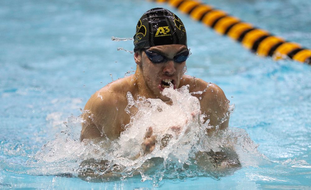 Iowa's Weston Credit competes in the 200-yard breaststroke during the third day of the Hawkeye Invitational at the Campus Recreation and Wellness Center on November 17, 2018. (Tork Mason/hawkeyesports.com)