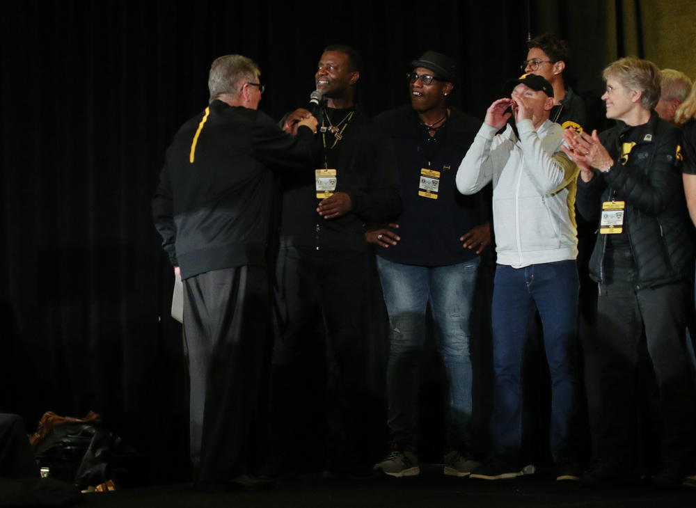 Merton Hanks and other letter winners are introduced during the Holiday Bowl Hawkeye Huddle Thursday, December 26, 2019 at the Hilton in downtown San Diego. (Brian Ray/hawkeyesports.com)
