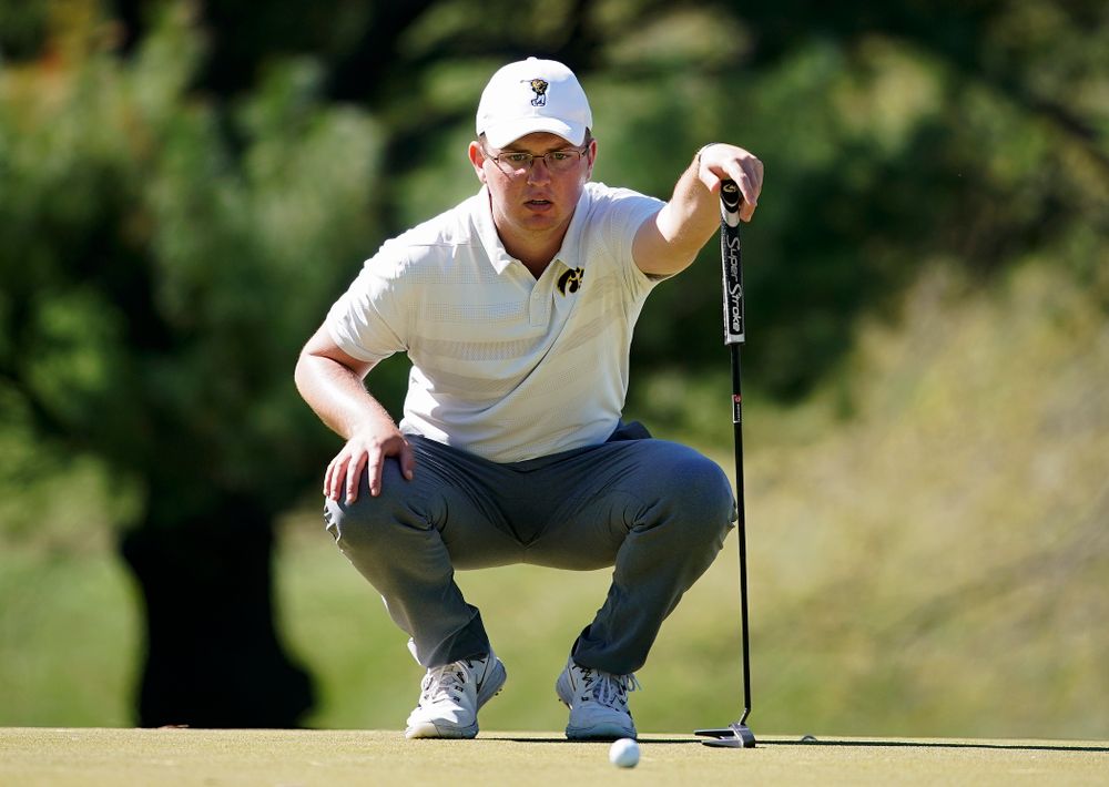 Iowa's Matthew Walker lines up a putt during the first round of the Hawkeye Invitational at Finkbine Golf Course in Iowa City on Saturday, Apr. 20, 2019. (Stephen Mally/hawkeyesports.com)