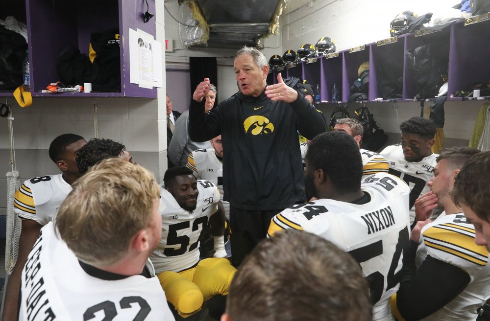 Iowa Hawkeyes head coach Kirk Ferentz against the Northwestern Wildcats Saturday, October 26, 2019 at Ryan Field in Evanston, Ill. (Brian Ray/hawkeyesports.com)