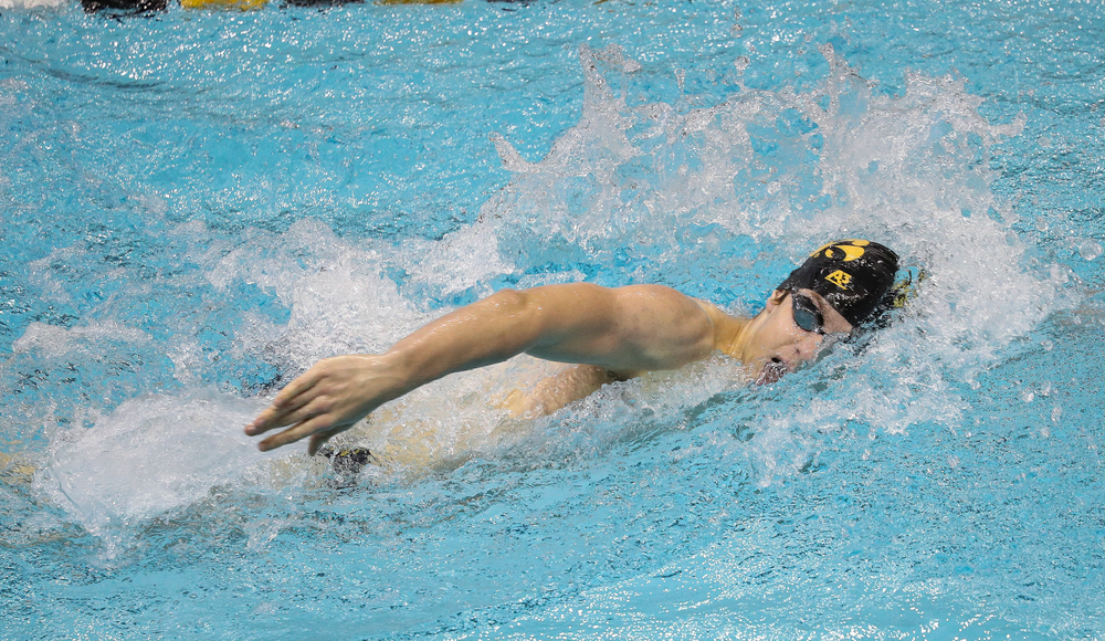 Iowa's Jackson Allmon competes in the 500-yard freestyle during a meet against Michigan and Denver at the Campus Recreation and Wellness Center on November 3, 2018. (Tork Mason/hawkeyesports.com)