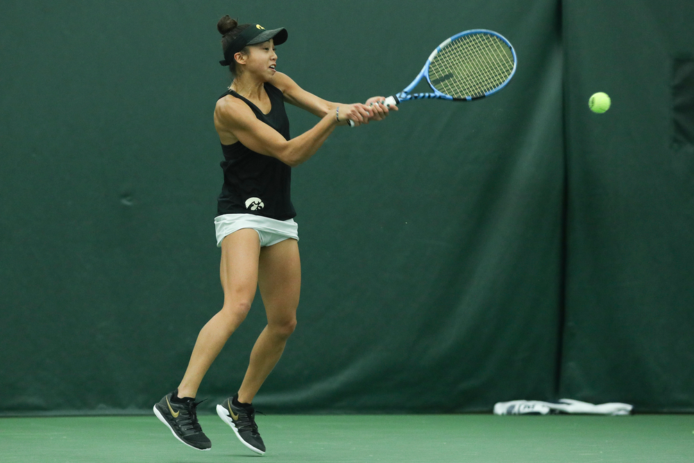 Iowa’s Michelle Bacalla returns a hit during the Iowa women’s tennis meet vs DePaul on Friday, February 21, 2020 at the Hawkeye Tennis and Recreation Complex. (Lily Smith/hawkeyesports.com)