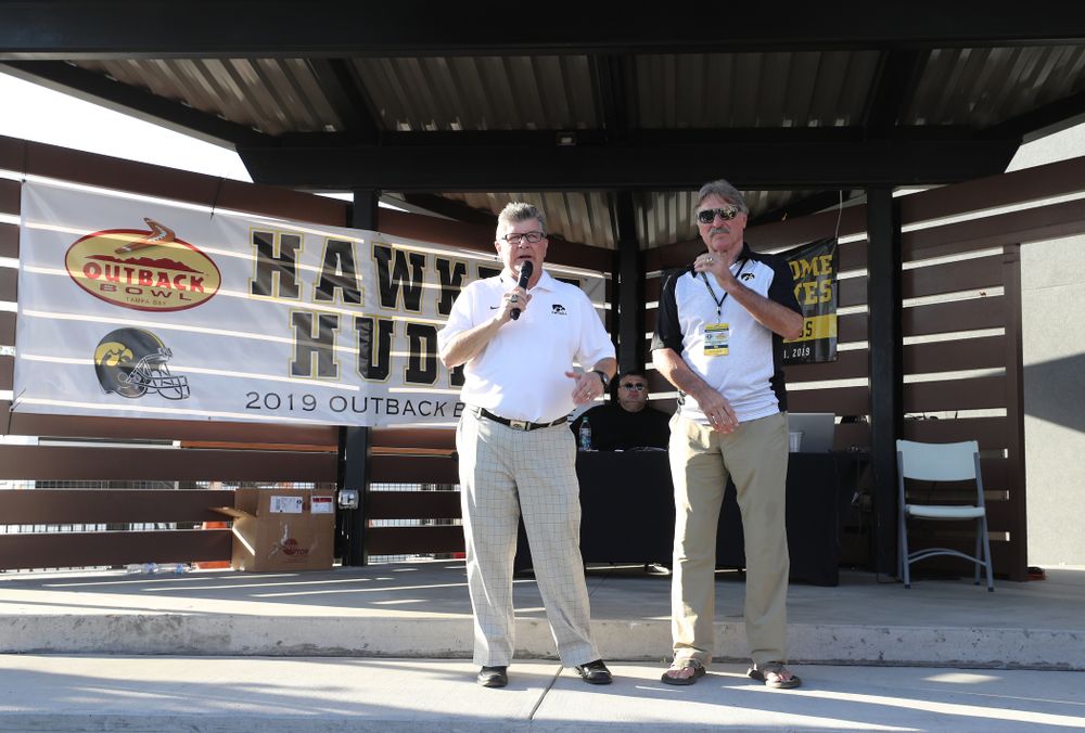 Hawkeye Football Radio team Gary Dolphin and Ed Podolak break down the game during the Hawkeye Huddle Monday, December 31, 2018 at Sparkman Wharf in Tampa, FL. (Brian Ray/hawkeyesports.com)
