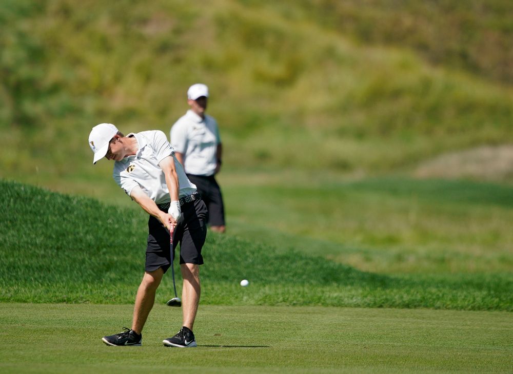 Iowa’s Matthew Garside hits from the fairway during the second day of the Golfweek Conference Challenge at the Cedar Rapids Country Club in Cedar Rapids on Monday, Sep 16, 2019. (Stephen Mally/hawkeyesports.com)