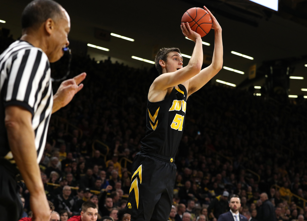 Iowa Hawkeyes forward Nicholas Baer (51) against the Indiana Hoosiers Friday, February 22, 2019 at Carver-Hawkeye Arena. (Brian Ray/hawkeyesports.com)