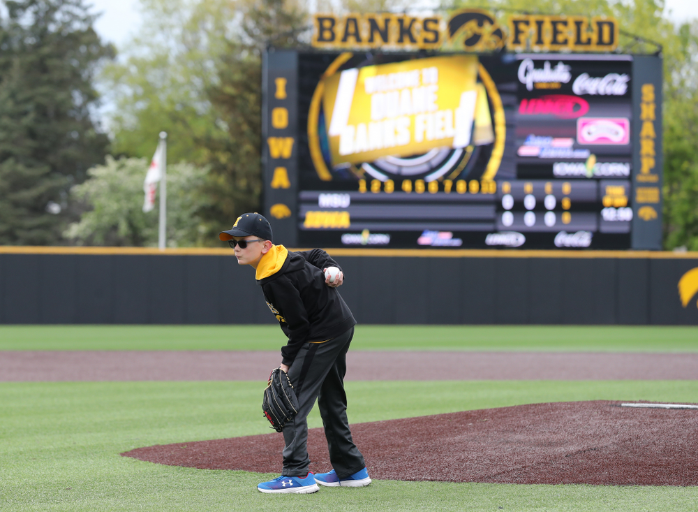 Garret Nichols throws out a first pitch before the Iowa Hawkeyes game against Michigan State Sunday, May 12, 2019 at Duane Banks Field. (Brian Ray/hawkeyesports.com)