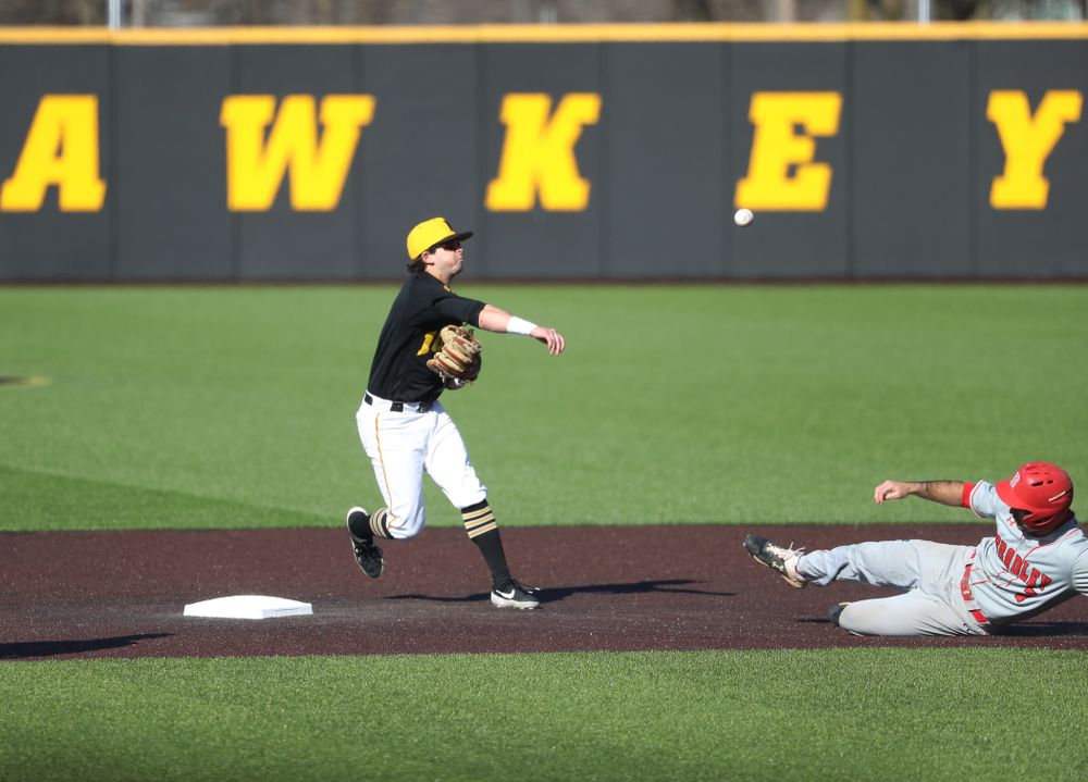 Iowa Hawkeyes infielder Mitchell Boe (4) against the Bradley Braves Tuesday, March 26, 2019 at Duane Banks Field. (Brian Ray/hawkeyesports.com)