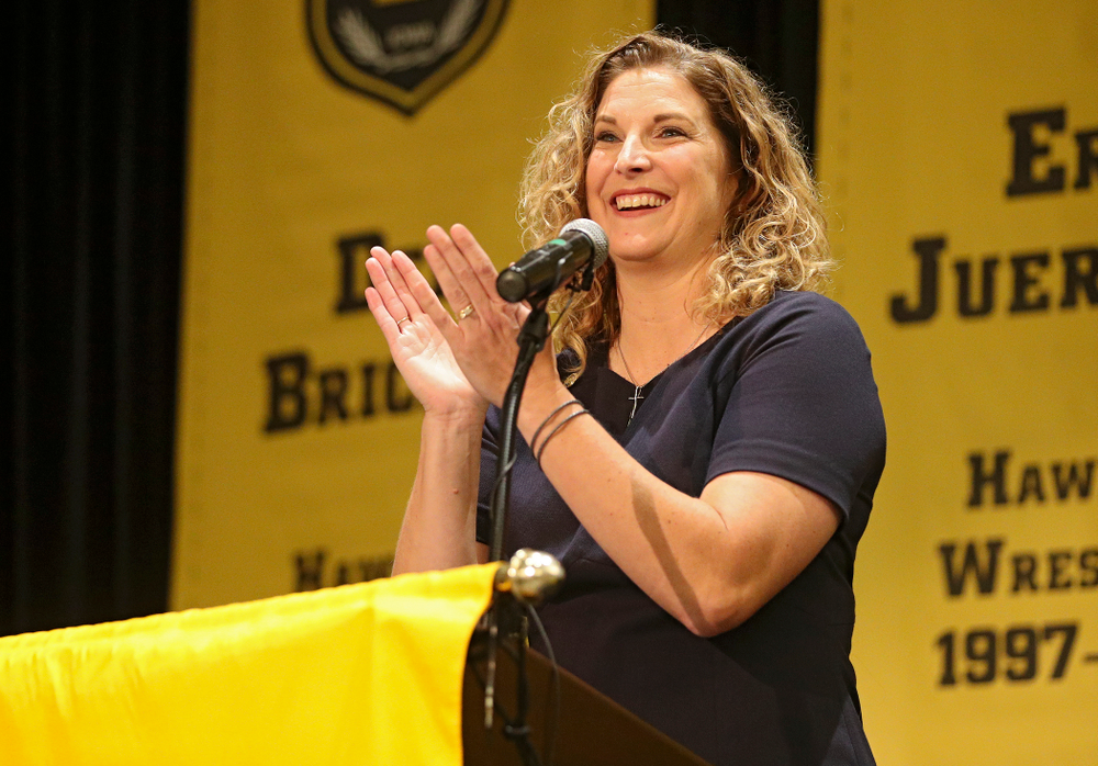 Barb Randall, co-chair of the Varsity Club Advisory Committee, speaks during the Hall of Fame Induction Ceremony at the Coralville Marriott Hotel and Conference Center in Coralville on Friday, Aug 30, 2019. (Stephen Mally/hawkeyesports.com)