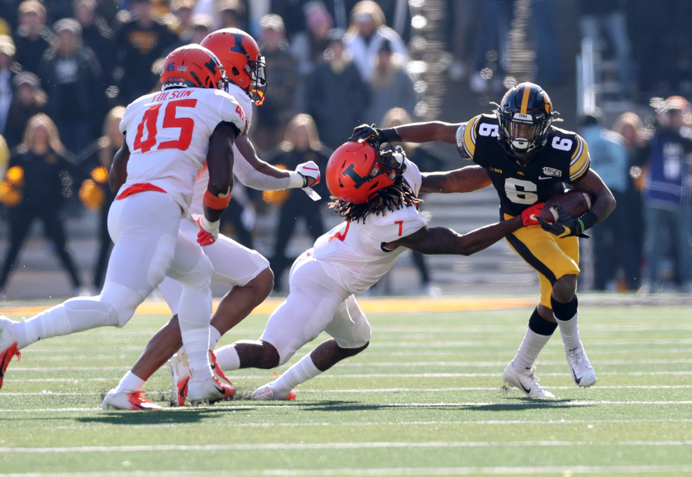 Iowa Hawkeyes wide receiver Ihmir Smith-Marsette (6) against the Illinois Fighting Illini Saturday, November 23, 2019 at Kinnick Stadium. (Brian Ray/hawkeyesports.com)