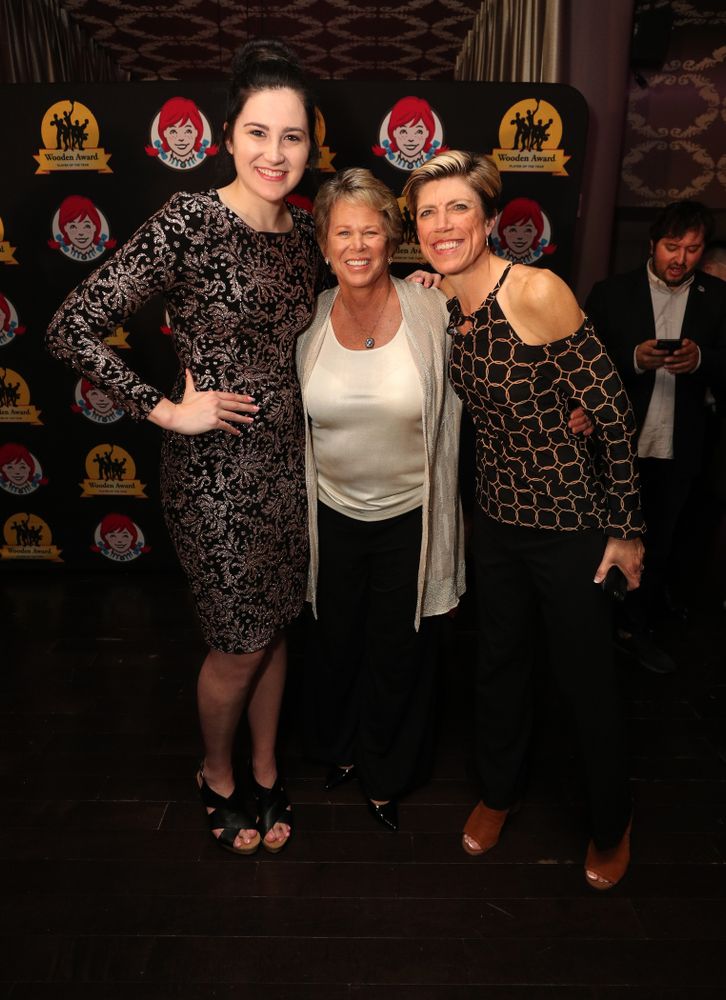 Iowa Hawkeyes forward Megan Gustafson (10) and associate head coach Jan Jensen with WNBA great Ann Meyers Drysdale before the ESPN College Basketball Awards show Friday, April 12, 2019 at The Novo at LA Live. (Brian Ray/hawkeyesports.com)
