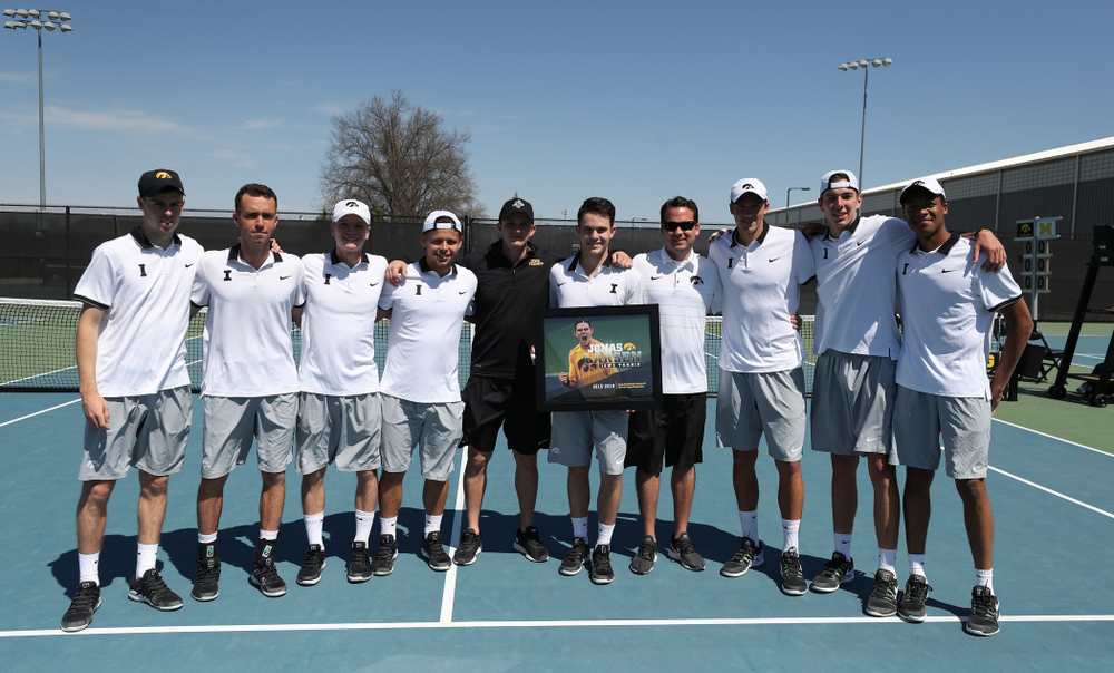 IowaÕs Jonas Larsen is honored during senior day ceremonies before their game against the Michigan Wolverines Sunday, April 21, 2019 at the Hawkeye Tennis and Recreation Complex. (Brian Ray/hawkeyesports.com)