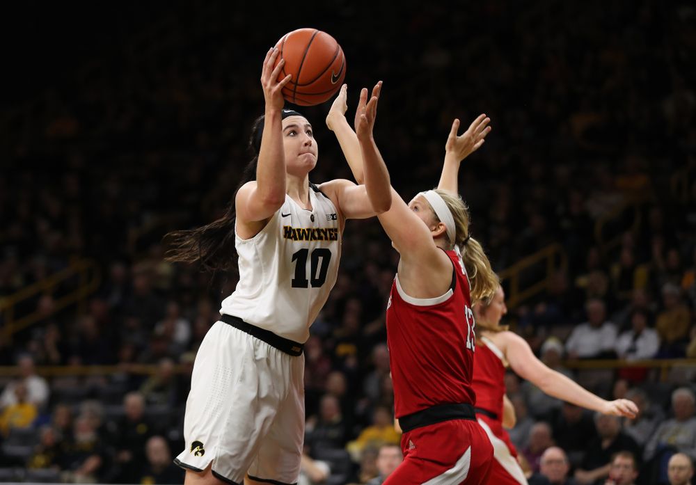 Iowa Hawkeyes forward Megan Gustafson (10) against the Nebraska Cornhuskers Thursday, January 3, 2019 at Carver-Hawkeye Arena. (Brian Ray/hawkeyesports.com)