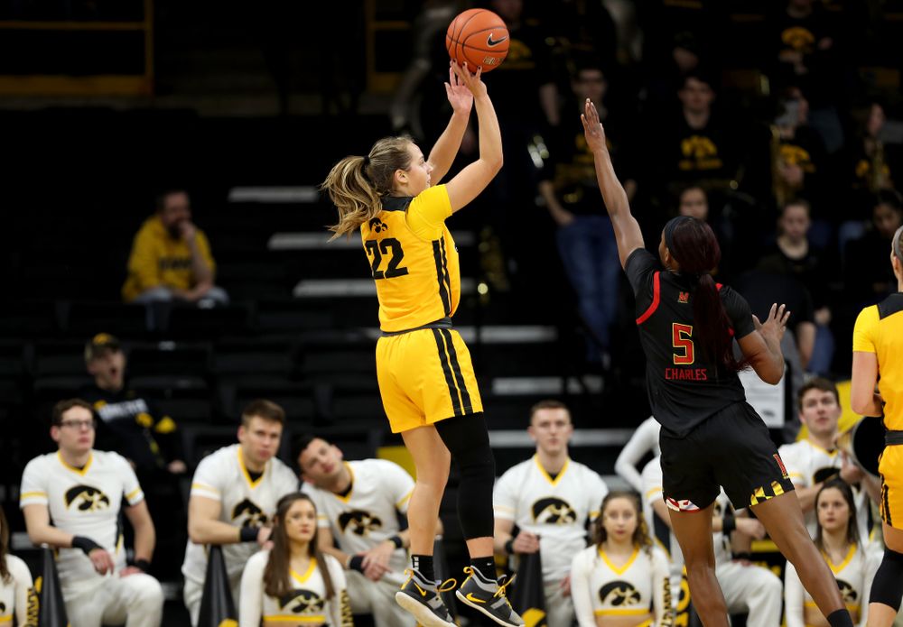 Iowa Hawkeyes guard Kathleen Doyle (22) against the Maryland Terrapins Thursday, January 9, 2020 at Carver-Hawkeye Arena. (Brian Ray/hawkeyesports.com)