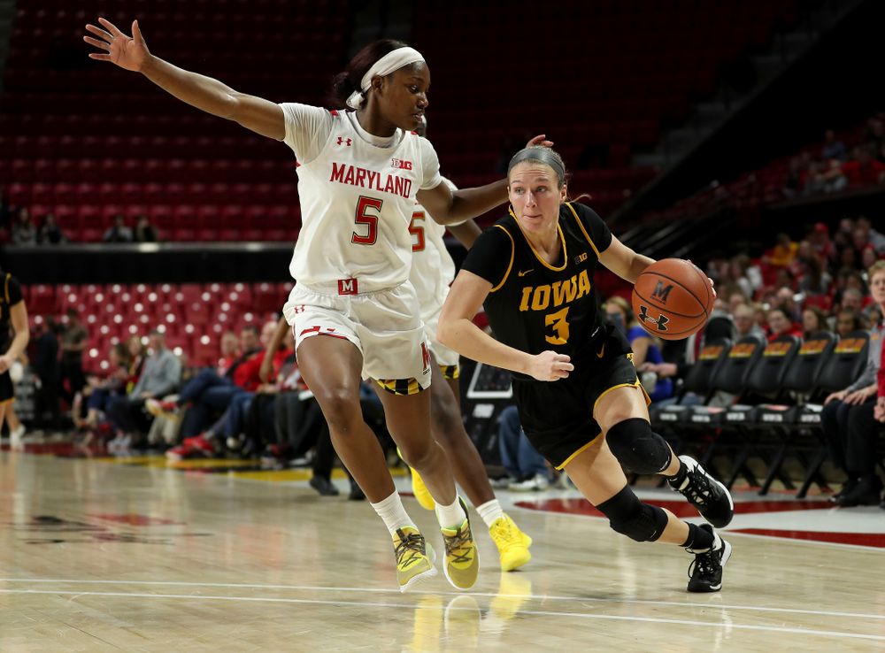 Iowa Hawkeyes guard Makenzie Meyer (3) against the Maryland Terrapins Thursday, February 13, 2020 at the Xfinity Center in College Park, MD. (Brian Ray/hawkeyesports.com)