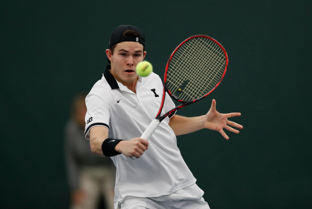 Jonas Larsen and Kareem Allaf play a doubles match against Purdue Sunday, April 15, 2018 at the Hawkeye Tennis and Recreation Center. (Brian Ray/hawkeyesports.com)