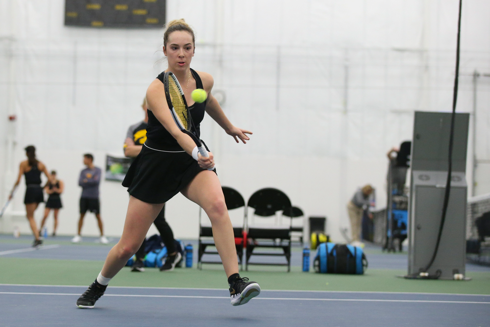 Iowa’s Samantha Mannix returns a ball during the Iowa women’s tennis meet vs UNI on Saturday, February 29, 2020 at the Hawkeye Tennis and Recreation Complex. (Lily Smith/hawkeyesports.com)
