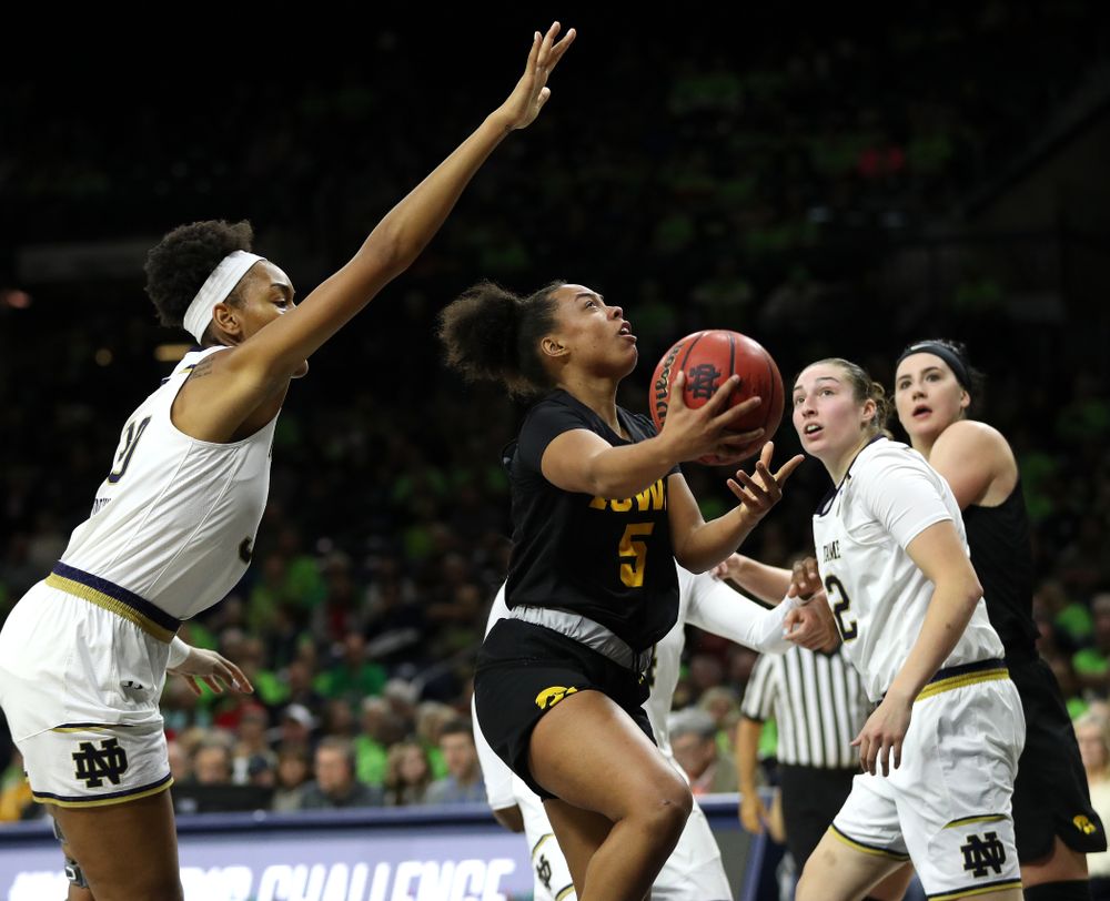 Iowa Hawkeyes guard Alexis Sevillian (5) against the Notre Dame Fighting Irish Thursday, November 29, 2018 at the Joyce Center in South Bend, Ind. (Brian Ray/hawkeyesports.com)