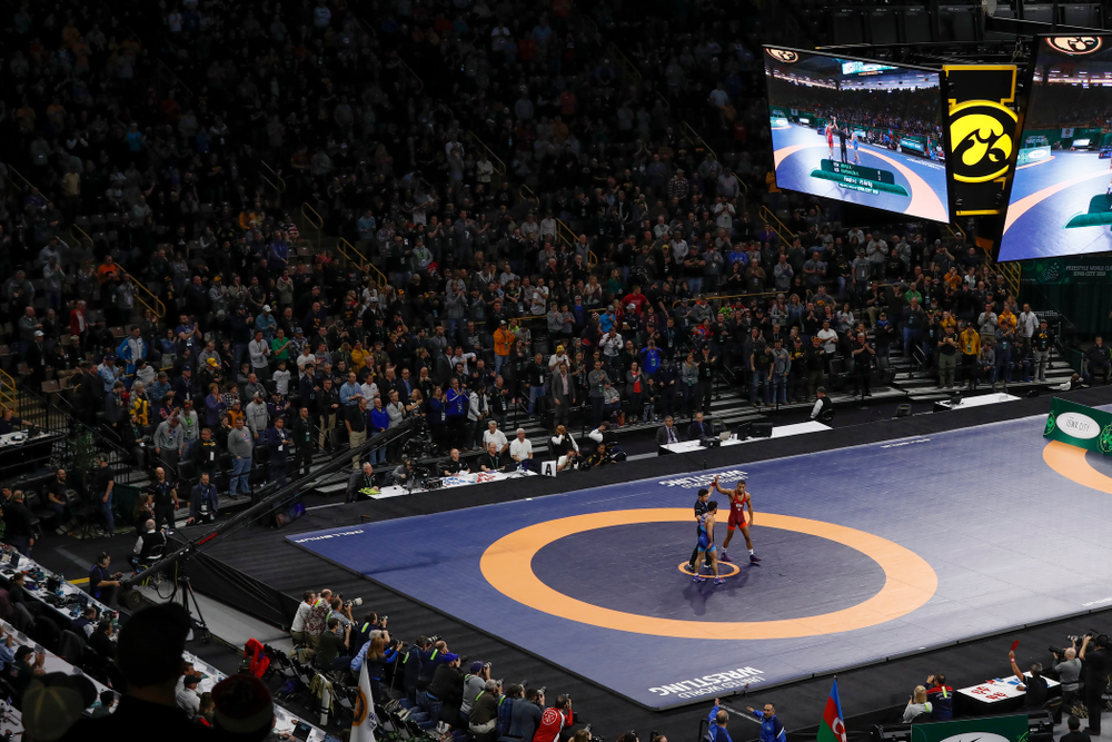 Kendric Maple during the gold medal match of the United World Wrestling Freestyle World Cup against Azerbaijan Sunday, April 8, 2018 at Carver-Hawkeye Arena. (Brian Ray/hawkeyesports.com)