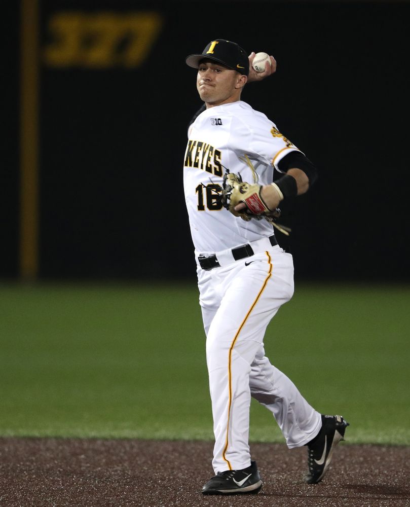 Iowa Hawkeyes Tanner Wetrich (16) makes a play during game one against UC Irvine Friday, May 3, 2019 at Duane Banks Field. (Brian Ray/hawkeyesports.com)