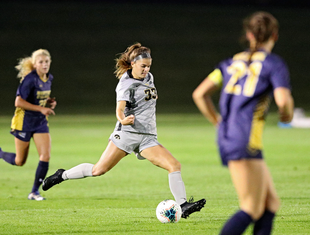 Iowa defender Riley Burns (33) passes during the first half of their match at the Iowa Soccer Complex in Iowa City on Friday, Sep 13, 2019. (Stephen Mally/hawkeyesports.com)