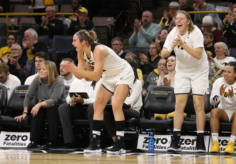 Iowa Hawkeyes forward Hannah Stewart (21) and forward/center Monika Czinano (25) against the Rutgers Scarlet Knights Wednesday, January 23, 2019 at Carver-Hawkeye Arena. (Brian Ray/hawkeyesports.com)