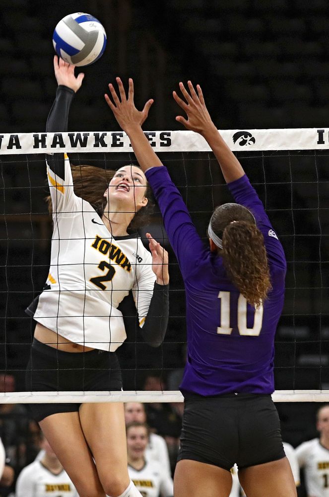 Iowa’s Courtney Buzzerio (2) goes up for a kill during their Big Ten/Pac-12 Challenge match at Carver-Hawkeye Arena in Iowa City on Saturday, Sep 7, 2019. (Stephen Mally/hawkeyesports.com)