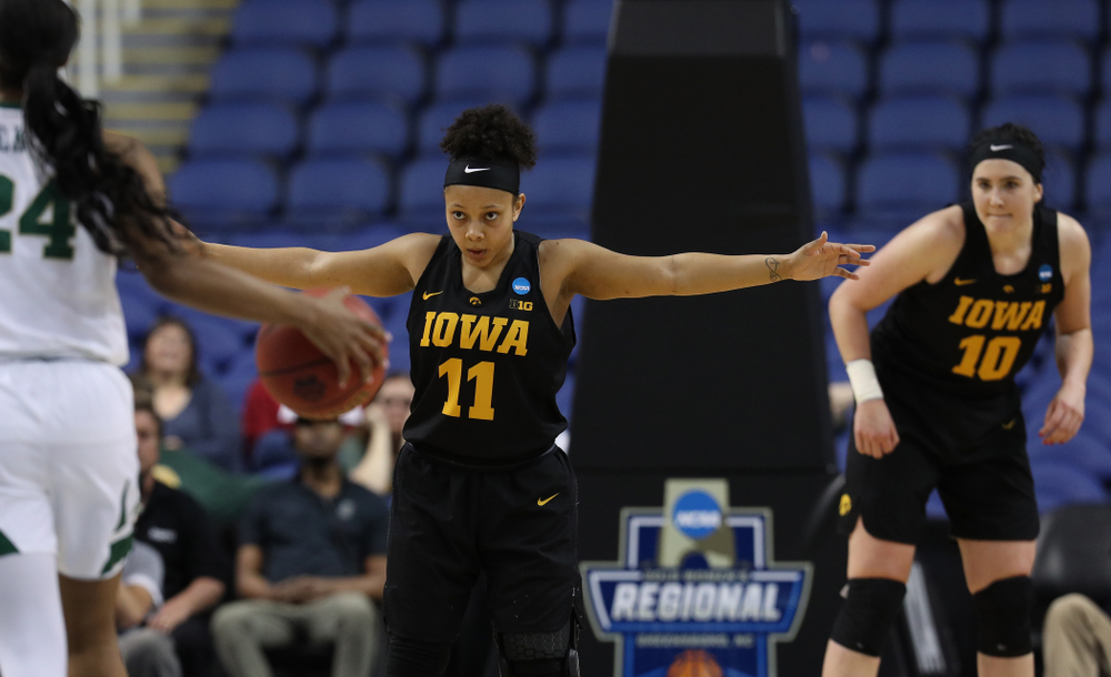 Iowa Hawkeyes guard Tania Davis (11) against the Baylor Lady Bears in the regional final of the 2019 NCAA Women's College Basketball Tournament Monday, April 1, 2019 at Greensboro Coliseum in Greensboro, NC.(Brian Ray/hawkeyesports.com)