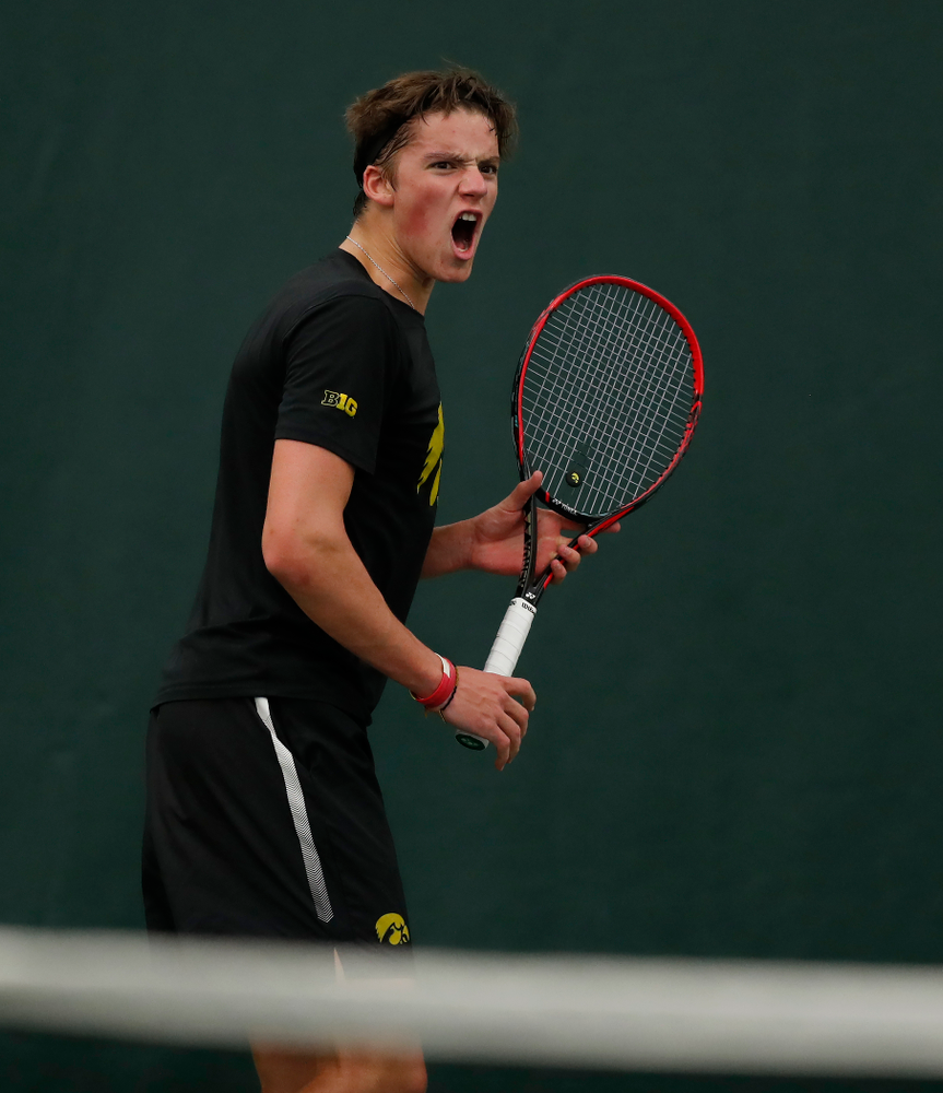 Joe Tyler against the Illinois Fighting Illini Saturday, March 31, 2018 at Hawkeye Tennis and Recreation Center. (Brian Ray/hawkeyesports.com)