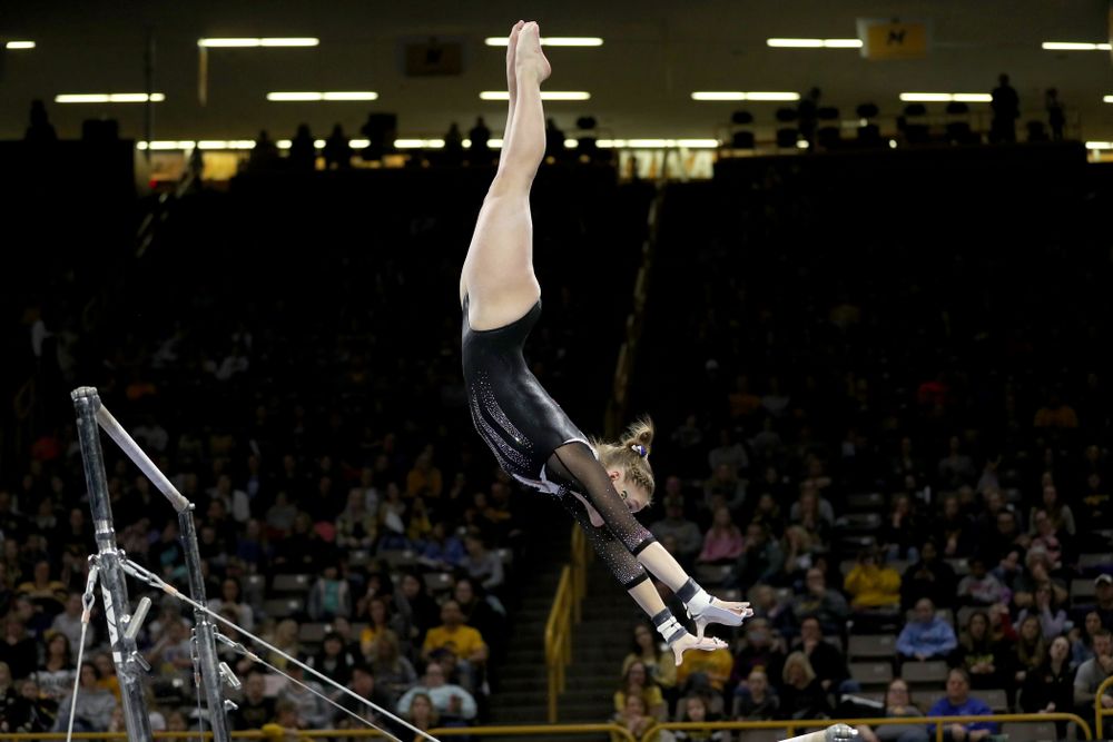 Iowa’s Allyson Steffensmeier competes on the bars against Michigan State Saturday, February 1, 2020 at Carver-Hawkeye Arena. (Brian Ray/hawkeyesports.com)