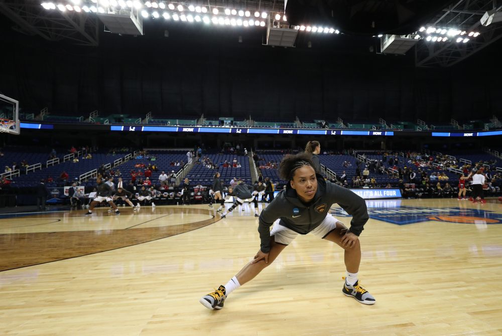 Iowa Hawkeyes guard Alexis Sevillian (5) against the NC State Wolfpack in the regional semi-final of the 2019 NCAA Women's College Basketball Tournament Saturday, March 30, 2019 at Greensboro Coliseum in Greensboro, NC.(Brian Ray/hawkeyesports.com)
