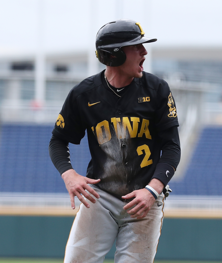 Iowa Hawkeyes infielder Brendan Sher (2) against the Nebraska Cornhuskers in the first round of the Big Ten Baseball Tournament Friday, May 24, 2019 at TD Ameritrade Park in Omaha, Neb. (Brian Ray/hawkeyesports.com)