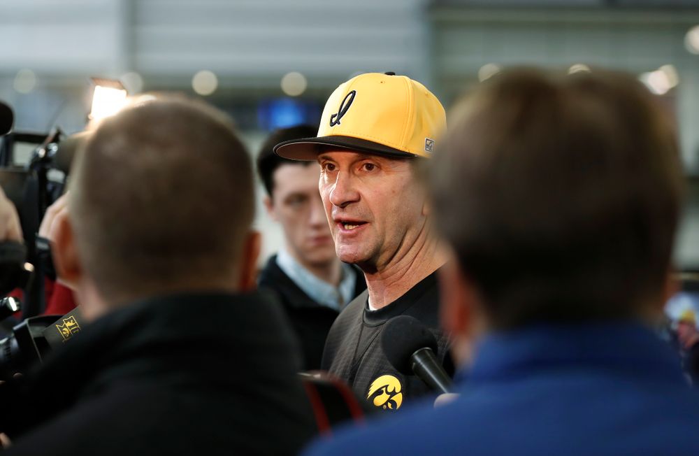 Iowa Hawkeyes head coach Rick Heller answers questions from reporters during the team's annual media day Thursday, February 8, 2018 in the indoor practice facility. (Brian Ray/hawkeyesports.com)