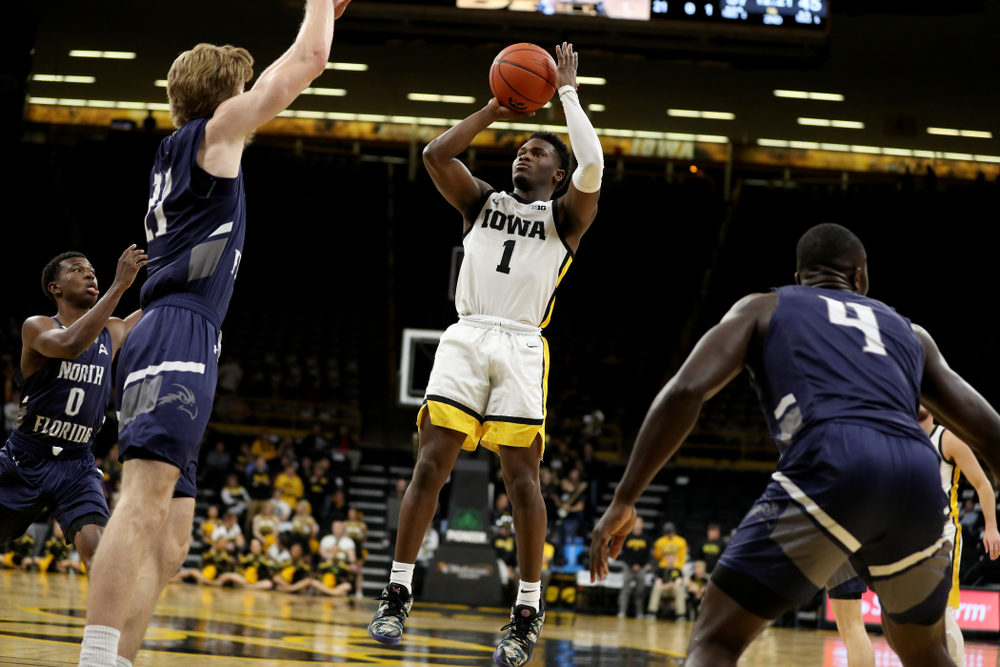 Iowa Hawkeyes guard Joe Toussaint (1) against North Florida Thursday, November 21, 2019 at Carver-Hawkeye Arena. (Brian Ray/hawkeyesports.com)