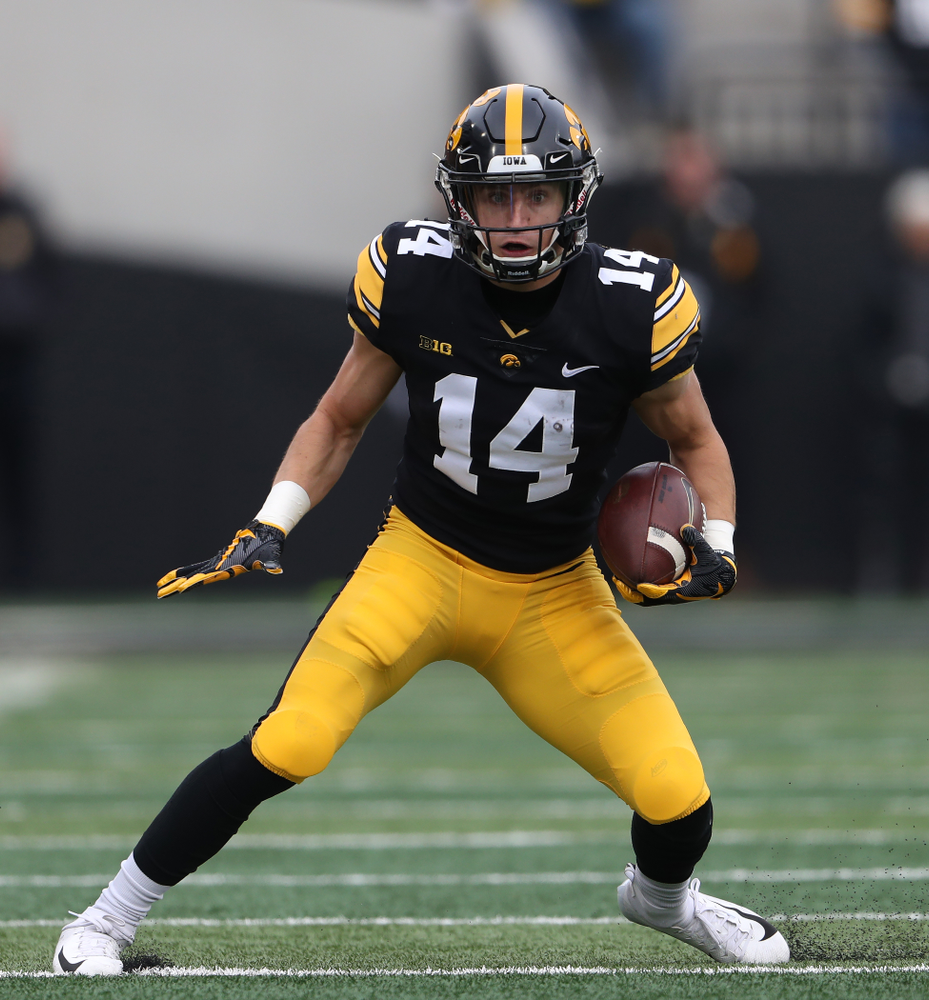 Iowa Hawkeyes wide receiver Kyle Groeneweg (14) against the Nebraska Cornhuskers Friday, November 23, 2018 at Kinnick Stadium. (Brian Ray/hawkeyesports.com)