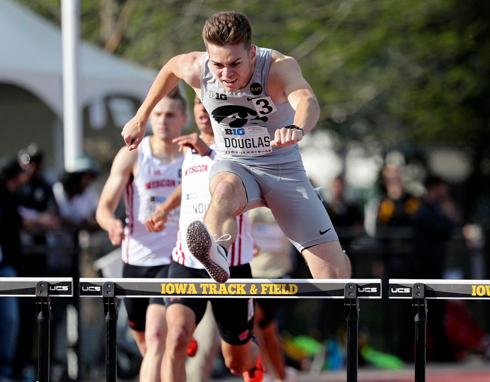 Iowa's Chris Douglas runs the men’s 400 meter hurdles event on the first day of the Big Ten Outdoor Track and Field Championships at Francis X. Cretzmeyer Track in Iowa City on Friday, May. 10, 2019. (Stephen Mally/hawkeyesports.com)