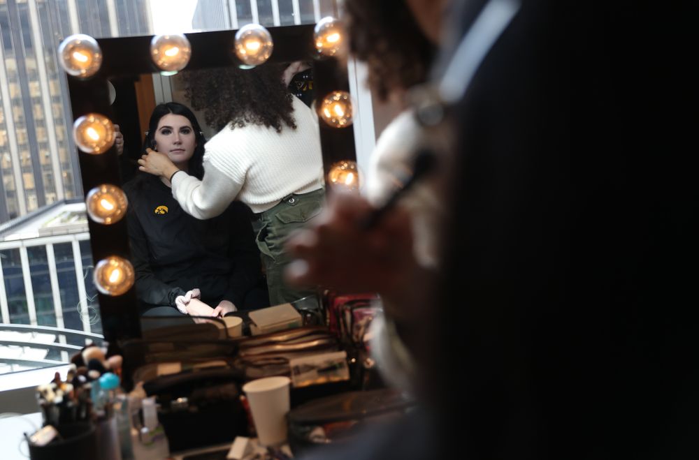 Iowa Hawkeyes forward Megan Gustafson (10) has her makeup professionally done before the 2019 WNBA Draft Wednesday, April 10, 2019 at Nike New York Headquarters in New York City. (Brian Ray/hawkeyesports.com)
