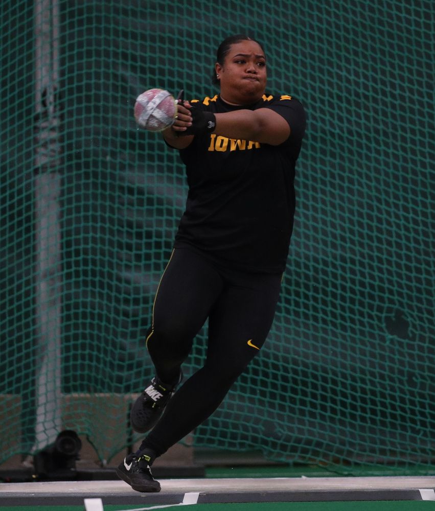 Iowa's Laulauga Tausaga competes in the weight throw Friday, January 11, 2019 at the Hawkeye Tennis and Recreation Center. (Brian Ray/hawkeyesports.com)