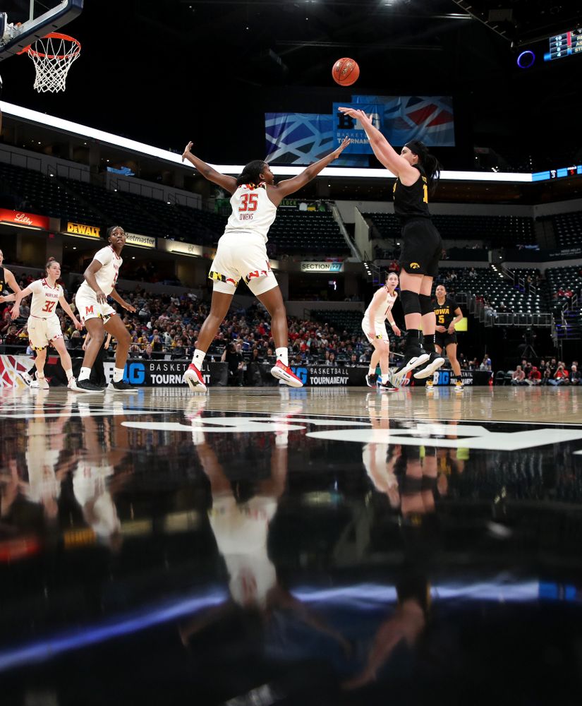 Iowa Hawkeyes forward Megan Gustafson (10) against the Maryland Terrapins in the Big Ten Championship Game Sunday, March 10, 2019 in Indianapolis, Ind. (Brian Ray/hawkeyesports.com)