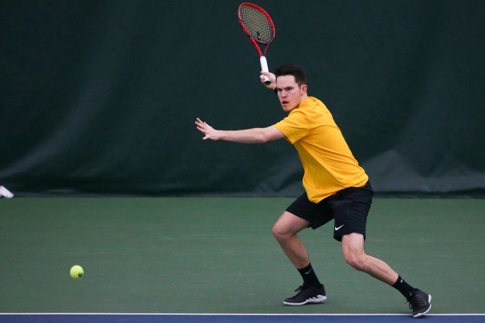 Iowa's Jonas Larsen at a tennis match vs Drake Friday, March 8, 2019 at the Hawkeye Tennis and Recreation Complex. (Lily Smith/hawkeyesports.com)