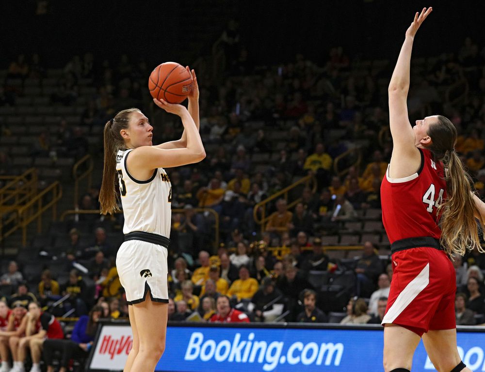 Iowa Hawkeyes forward Amanda Ollinger (43) puts up a shot during the third quarter of the game at Carver-Hawkeye Arena in Iowa City on Thursday, February 6, 2020. (Stephen Mally/hawkeyesports.com)