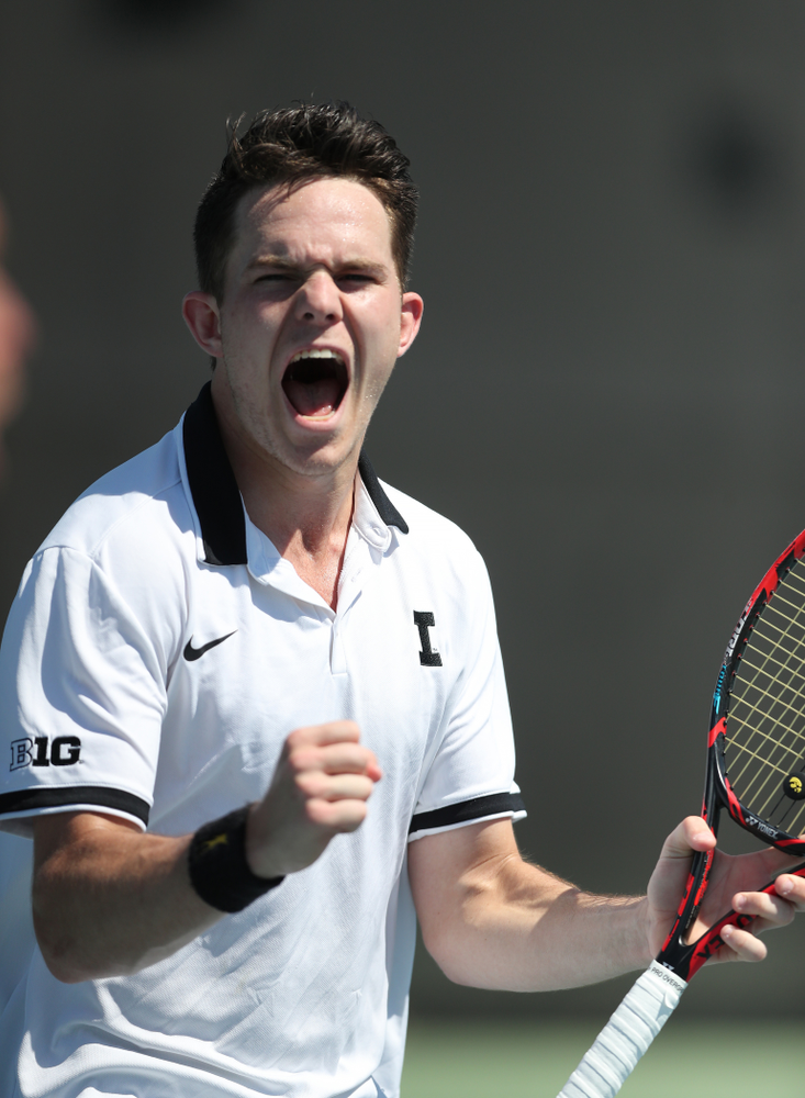 IowaÕs Kareem Allaf and Jonas Larsen play a doubles match against the Michigan Wolverines Sunday, April 21, 2019 at the Hawkeye Tennis and Recreation Complex. (Brian Ray/hawkeyesports.com)