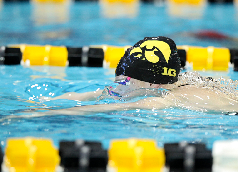 Iowa’s Zoe Mekus swims in the women’s 200 yard breaststroke preliminary event during the 2020 Women’s Big Ten Swimming and Diving Championships at the Campus Recreation and Wellness Center in Iowa City on Saturday, February 22, 2020. (Stephen Mally/hawkeyesports.com)