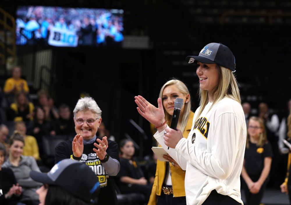Iowa Hawkeyes forward Hannah Stewart (21) during a celebration of their Big Ten Women's Basketball Tournament championship Monday, March 18, 2019 at Carver-Hawkeye Arena. (Brian Ray/hawkeyesports.com)