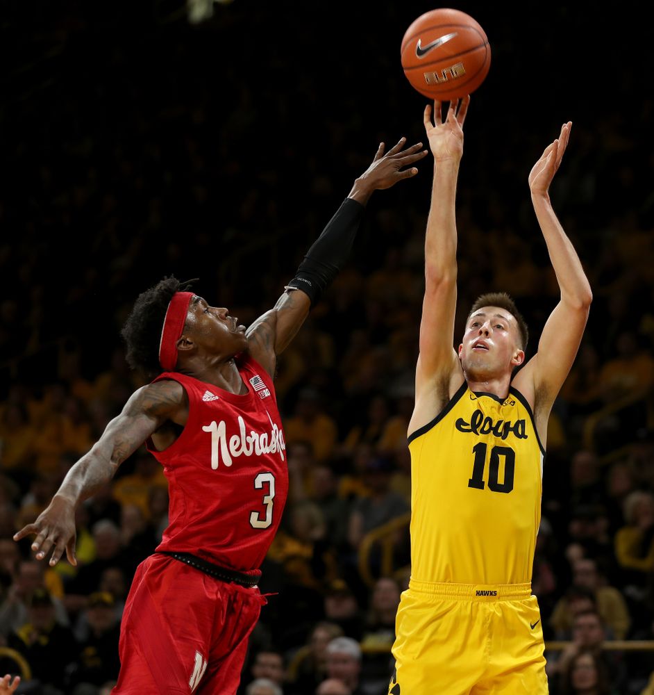 Iowa Hawkeyes guard Joe Wieskamp (10) against the Nebraska Cornhuskers Saturday, February 8, 2020 at Carver-Hawkeye Arena. (Brian Ray/hawkeyesports.com)