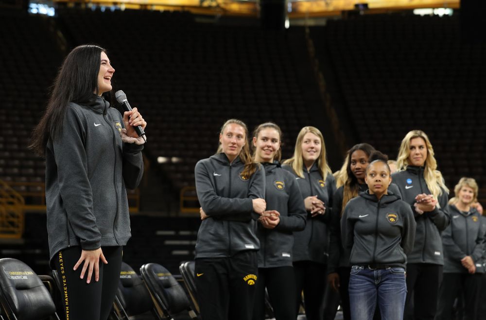 Iowa Hawkeyes forward Megan Gustafson (10) speaks after finding out her jersey will be retired at a ceremony next season during the teamÕs Celebr-Eight event Wednesday, April 24, 2019 at Carver-Hawkeye Arena. (Brian Ray/hawkeyesports.com)